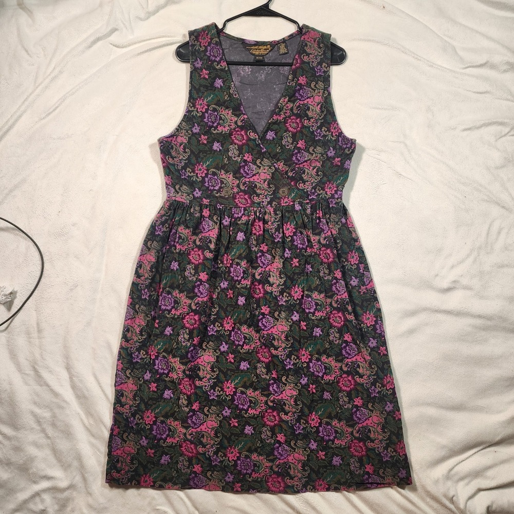 Vintage Eddie Bauer Floral Corduroy Jumper Dress Petite Small Pockets 90s V-Neck